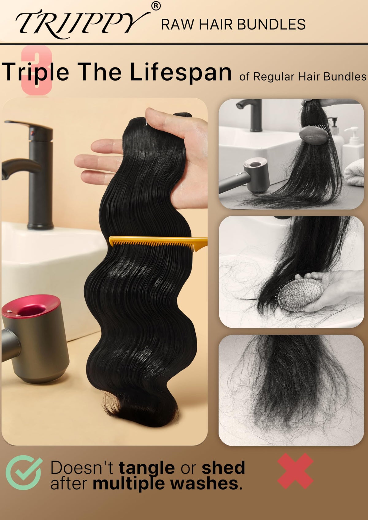 Close-up of aligned cuticles in Triippy Cambodian raw hair reduces tangling.