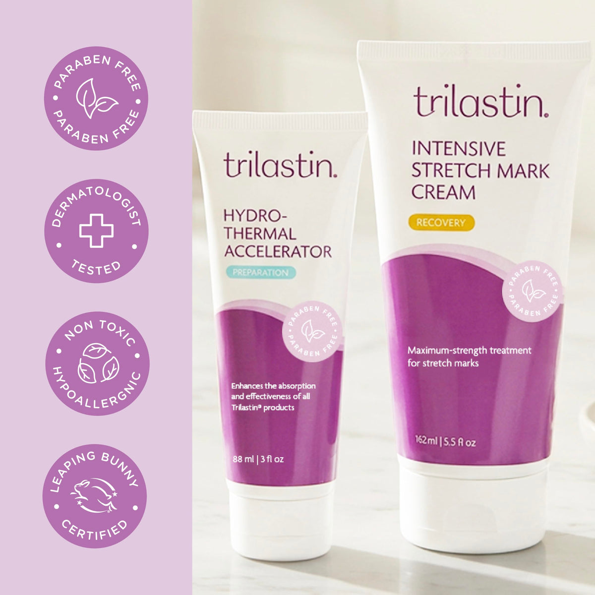 TriLASTIN cream applied to belly during pregnancy for gentle care.