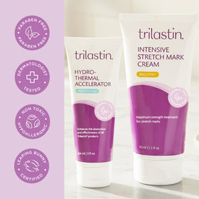 TriLASTIN cream applied to belly during pregnancy for gentle care.
