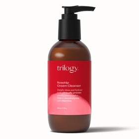 Trilogy Rosehip Cream Cleanser bottle pour shows gentle cleansing for all skin types.