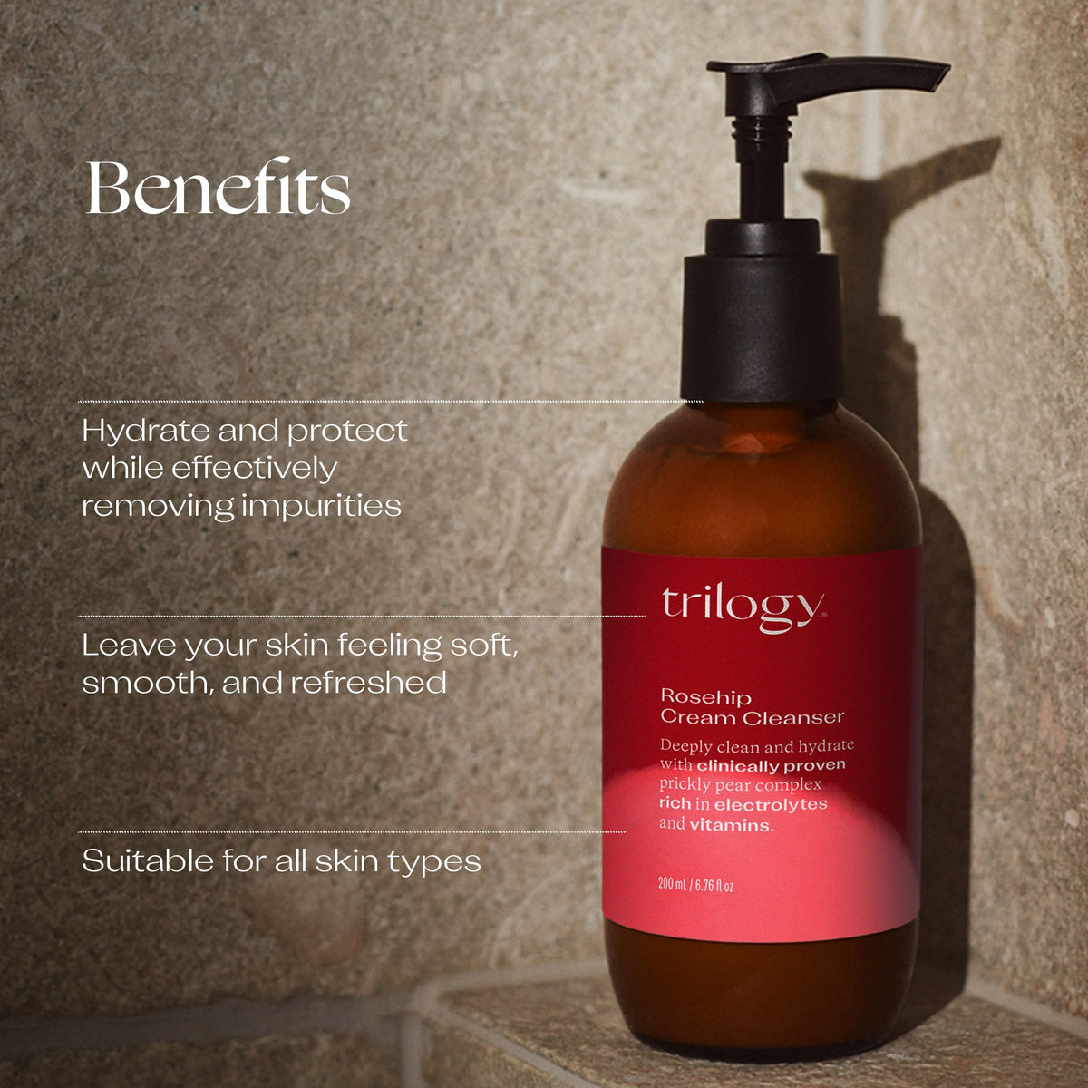 Trilogy Rosehip Cream Cleanser label detail highlights New Zealand origin and clean beauty.