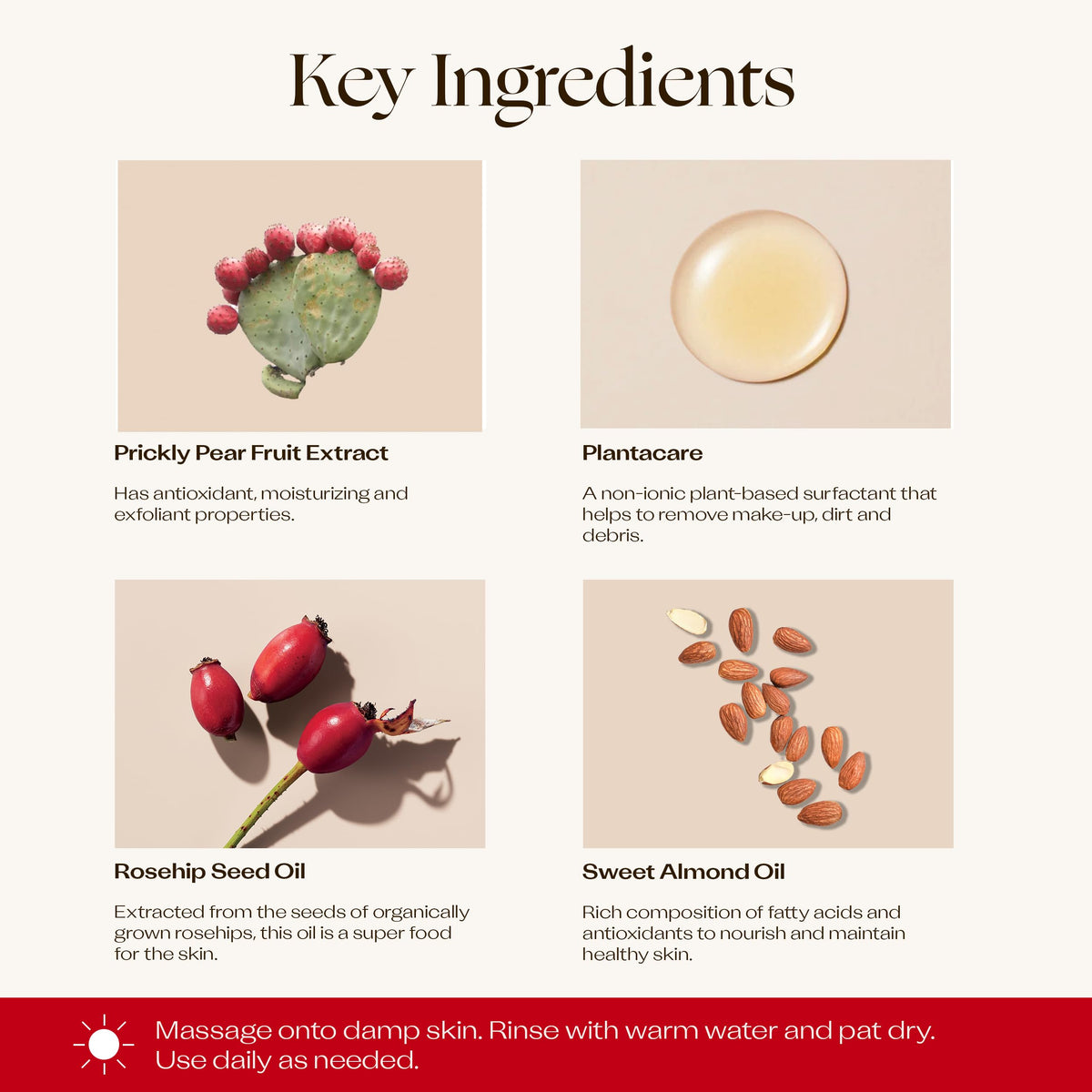 Trilogy Rosehip Cream Cleanser ingredients prickly pear for lasting hydration.