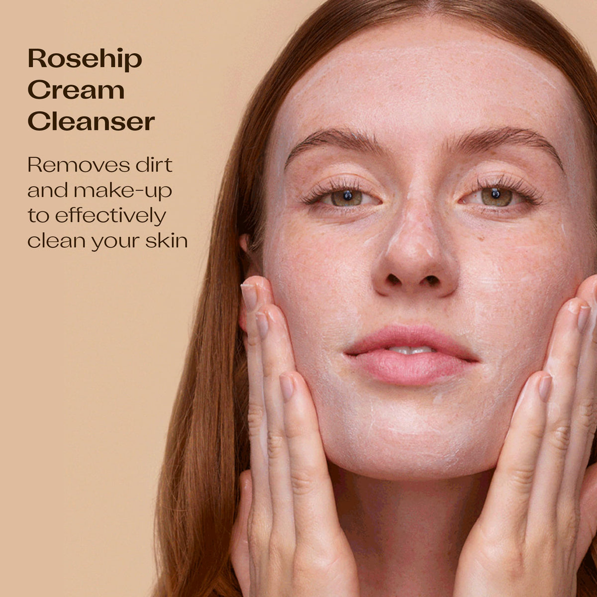 Trilogy Rosehip Cream Cleanser texture closeup highlights creamy hydration and smoothing feel.