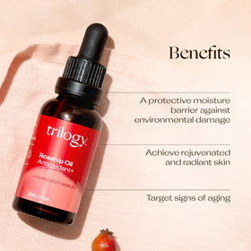 Close-up of Trilogy Rosehip Oil Antioxidant+ texture showing nourishing oils
