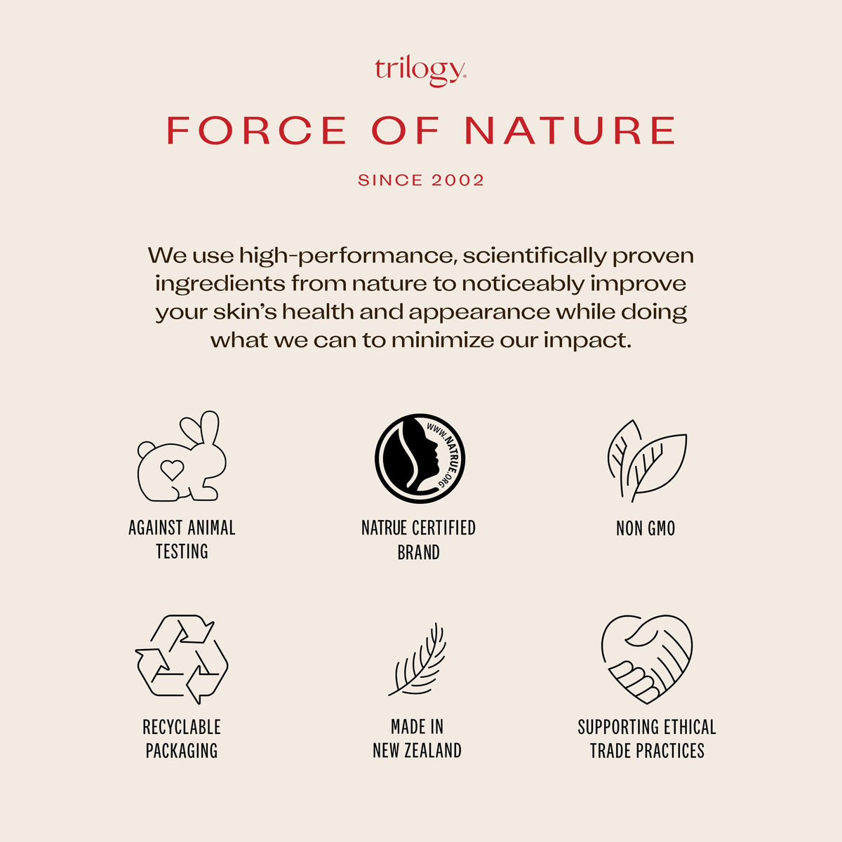 Trilogy Rosehip Oil bottle label emphasizes purity and certification.