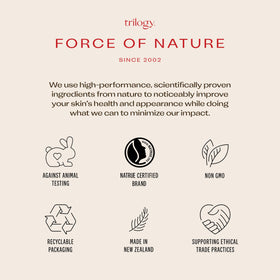 Trilogy Rosehip Oil bottle label emphasizes purity and certification.
