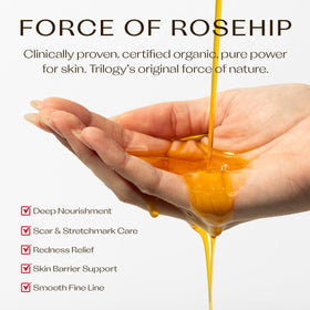 Trilogy Rosehip Oil face application demonstrates gentle, quick absorption.
