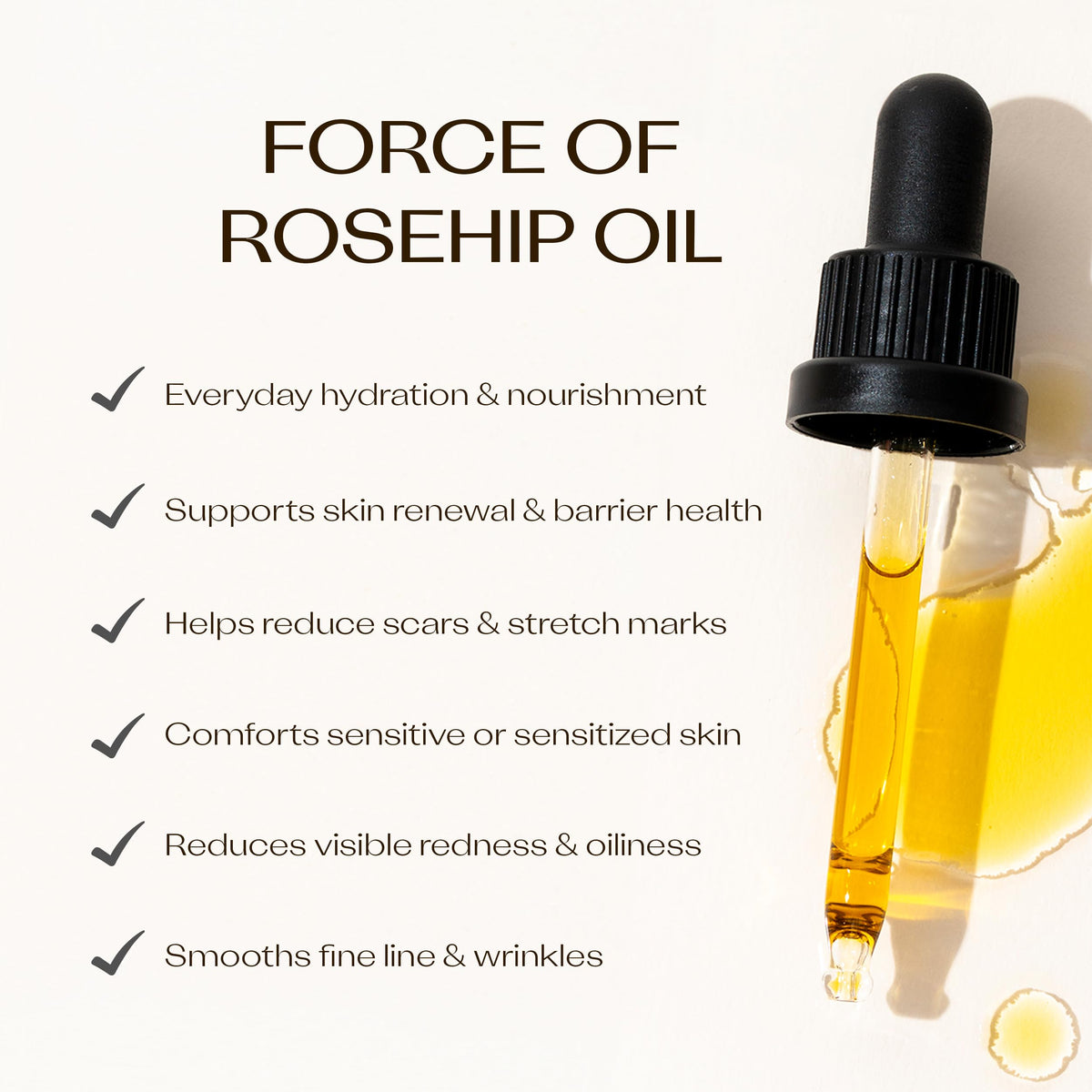 Trilogy Rosehip Oil ingredients closeup highlights fatty acids for skin.