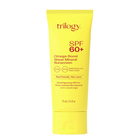 Trilogy SPF60+ Omega-Boost bottle showing daily sun protection for all skin types.