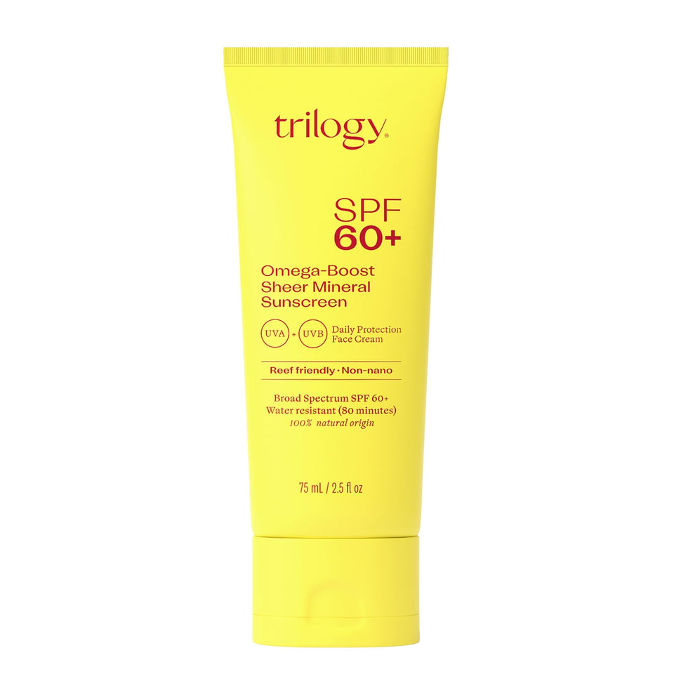 Trilogy SPF60+ Omega-Boost bottle showing daily sun protection for all skin types.