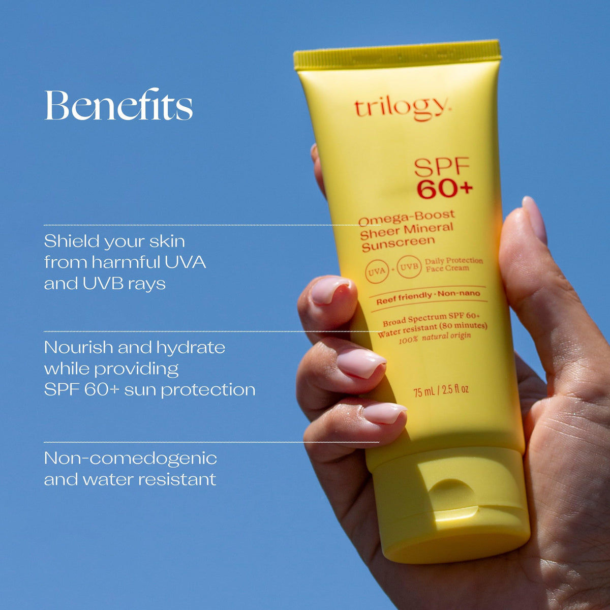 Trilogy SPF60+ Omega-Boost dispenser in action for easy, non-greasy application.
