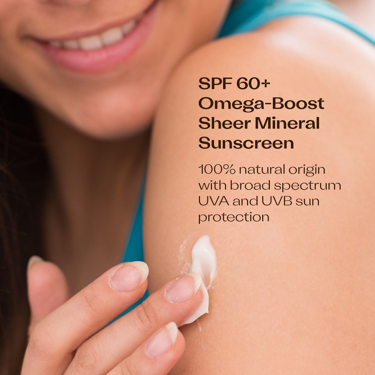 Trilogy SPF60+ Omega-Boost label close-up highlighting natural origin ingredients and zinc oxide.