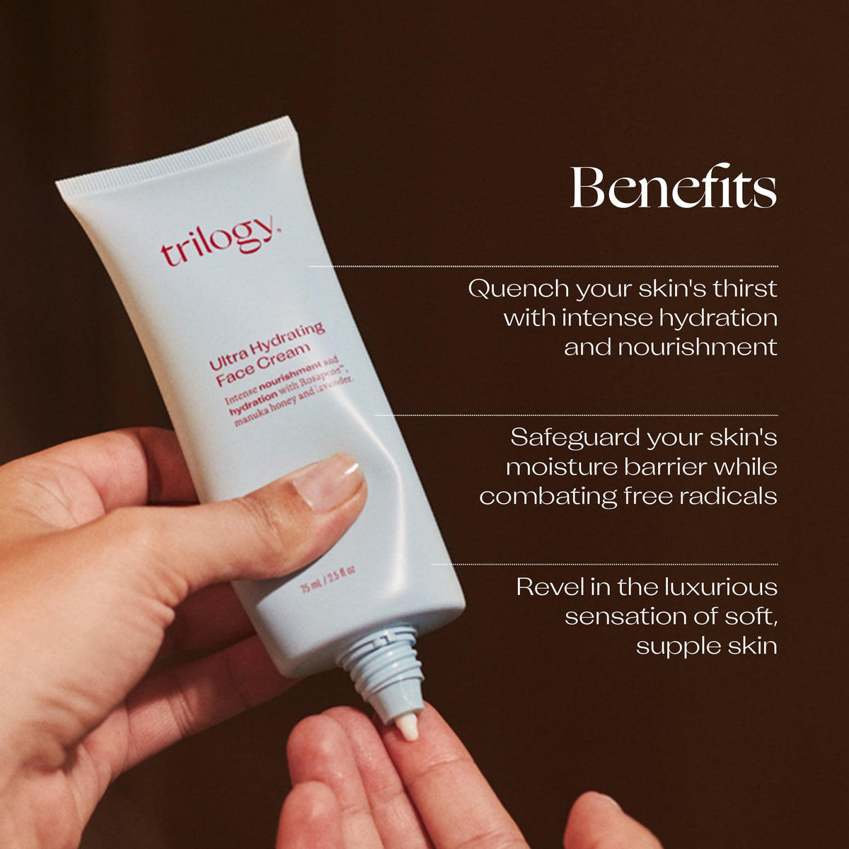 Trilogy Ultra Hydrating Face Cream jar highlighting nourishing hydration.