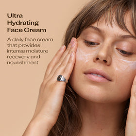 Trilogy Ultra Hydrating Face Cream texture close-up showing creamy formula for lasting comfort.
