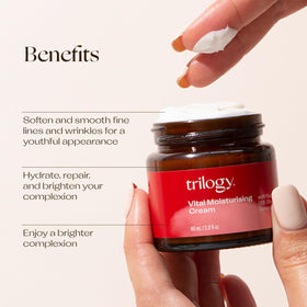 Trilogy Vital Moisturising Cream with Rosapene closeup emphasizes antioxidant protection for radiant skin.