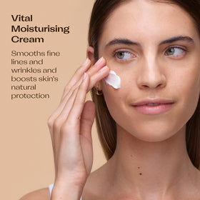 Trilogy Vital Moisturising Cream texture closeup shows smoothing action for makeup prep.
