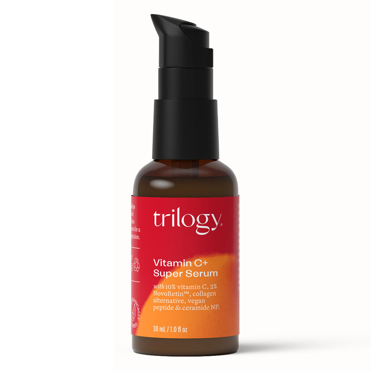 Trilogy Vitamin C+ Super Serum bottle closeup for daily radiance and skin nourishment.