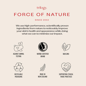 Trilogy Vitamin C+ Super Serum hydration boost shown with dewy-looking skin.