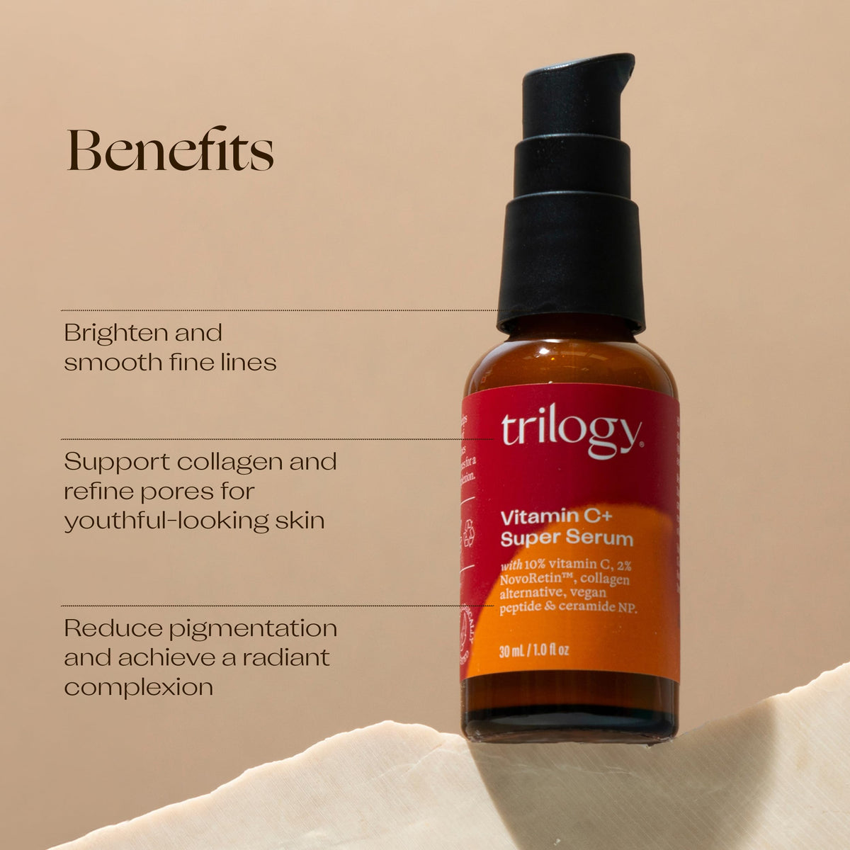 Trilogy Vitamin C+ Super Serum texture closeup emphasizing lightweight, fast-absorbing matte finish.
