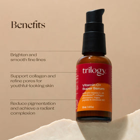 Trilogy Vitamin C+ Super Serum texture closeup emphasizing lightweight, fast-absorbing matte finish.