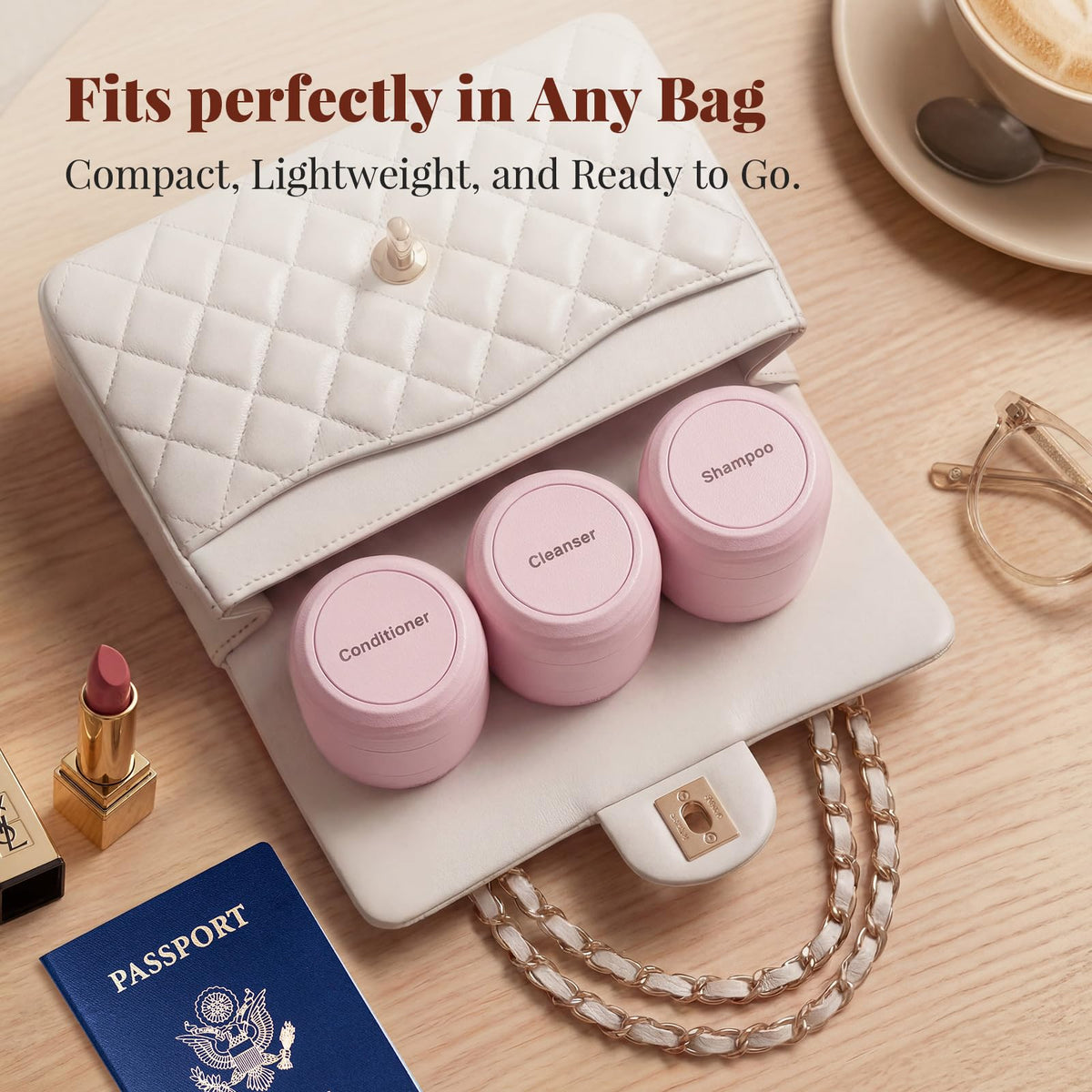Trimcoo compact 3-pack fits in a travel tote for skincare on the go.
