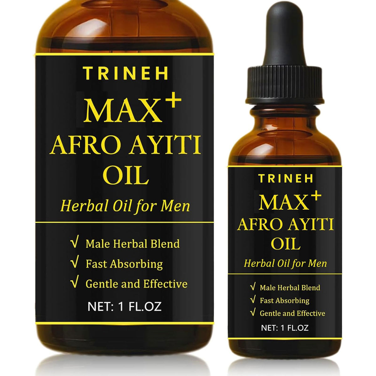 Trineh Max+ Afro Ayiti Oil for Men bottle showing fast absorption on skin