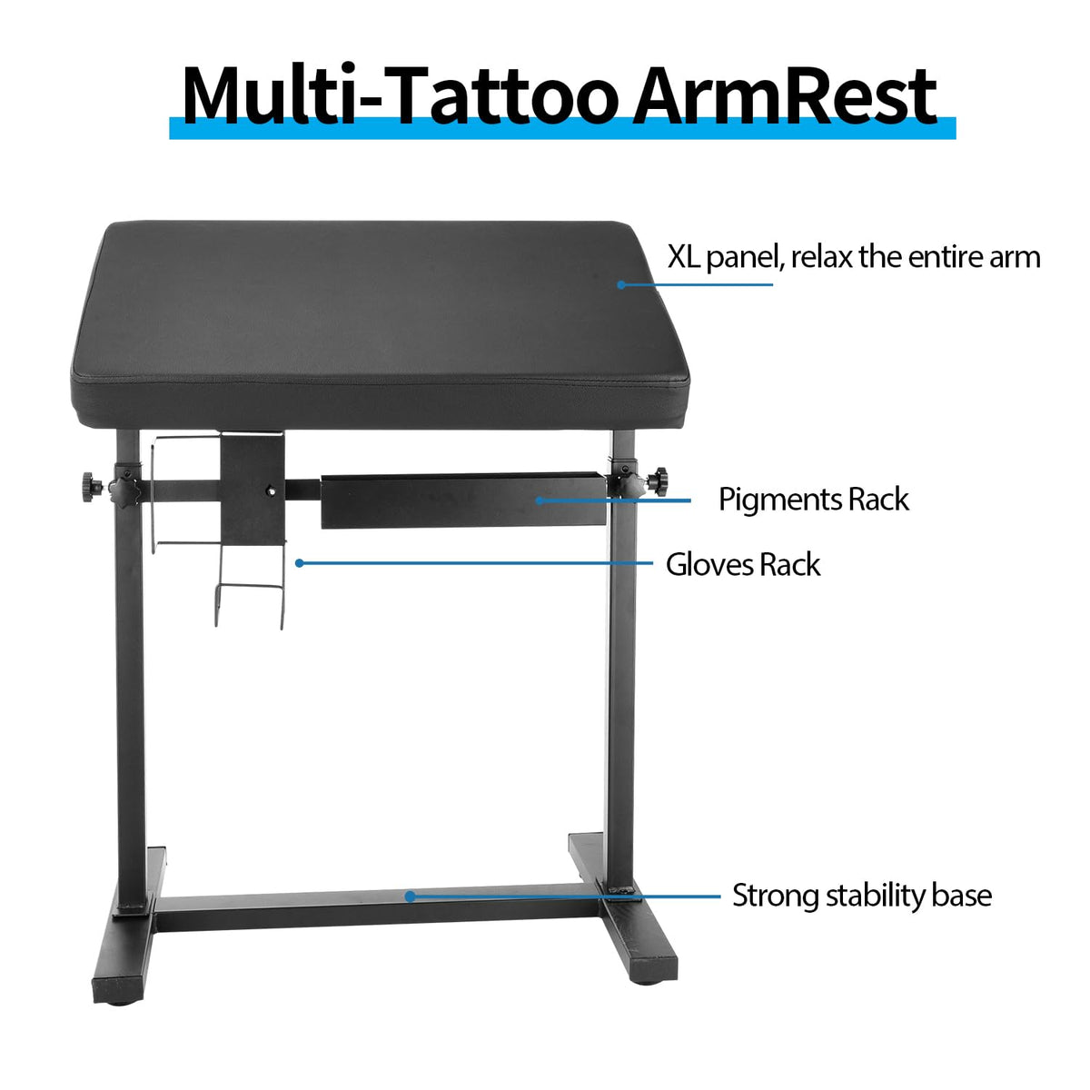 Tripartite adjustable arm rest shows height and angle customization for client positioning