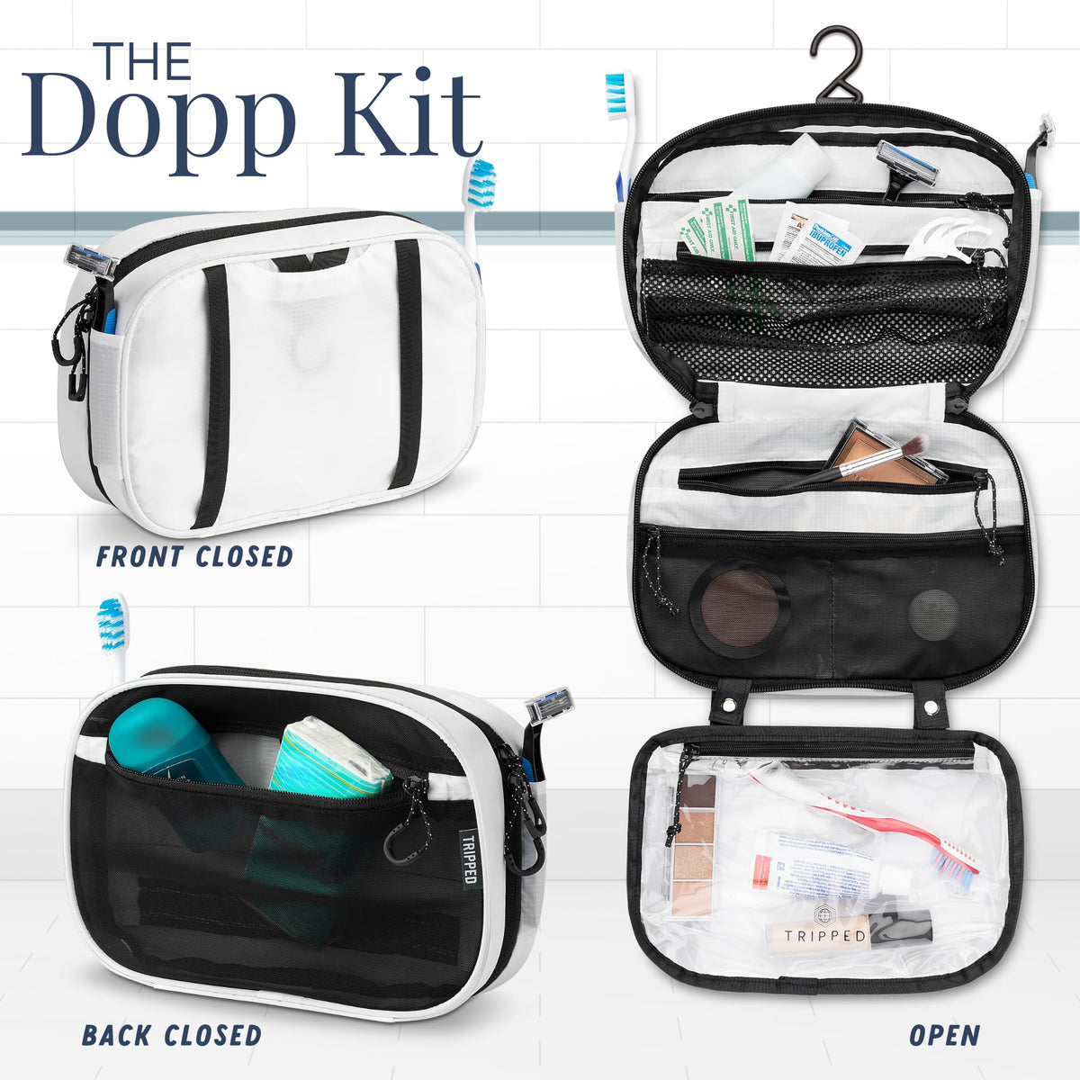 TRIPPED Hanging Bag with metal snaps keeps items secure.