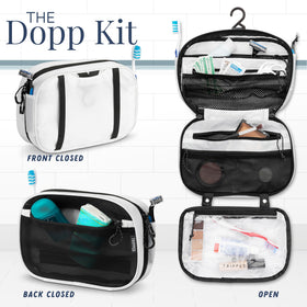 TRIPPED Hanging Bag with metal snaps keeps items secure.