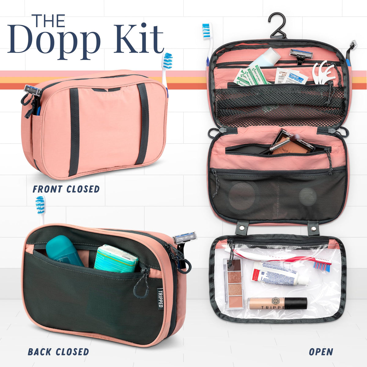 TRIPPED Mesh pockets expand to organize essentials inside the bag