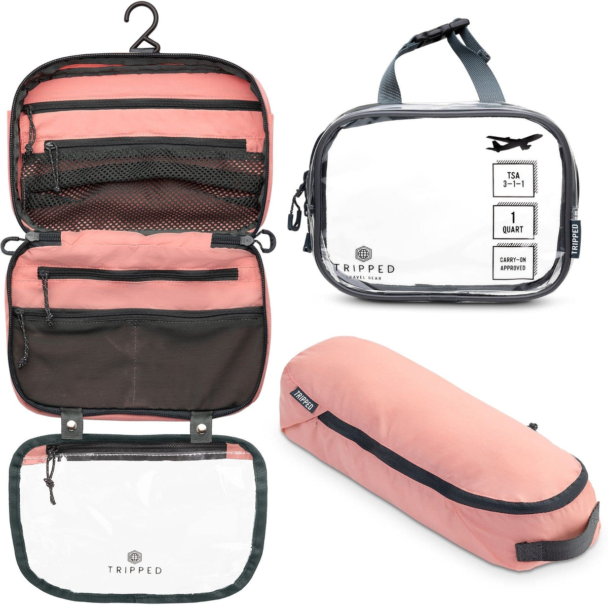 TRIPPED Toiletry Bag Hanging in dusty rose for easy access on the go