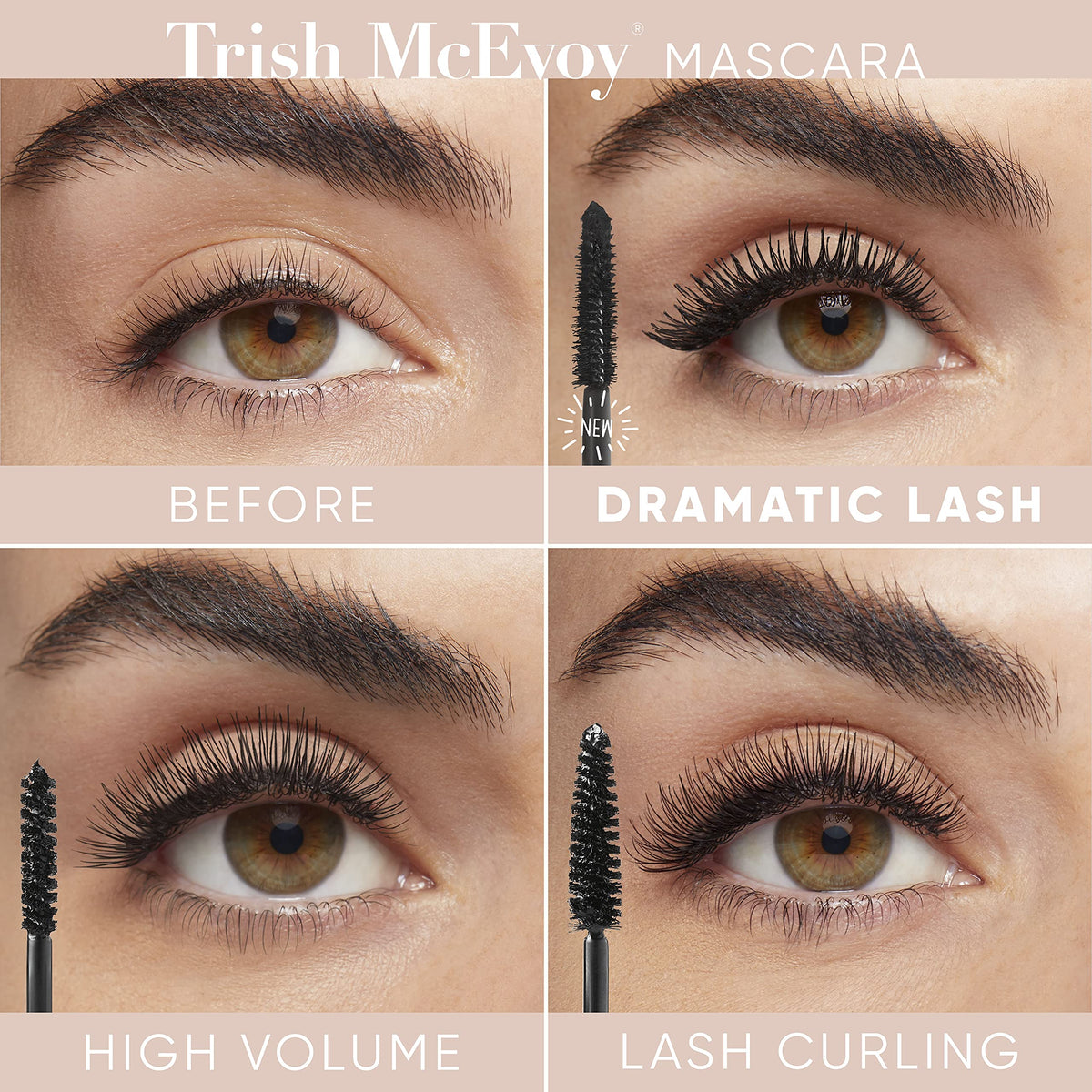 Trish McEvoy Dramatic Lash Mascara wand lifting lashes from base to tip.