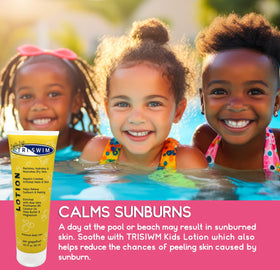 TRISWIM Kids lotion label highlights grapefruit scent and soothing skin ingredients.