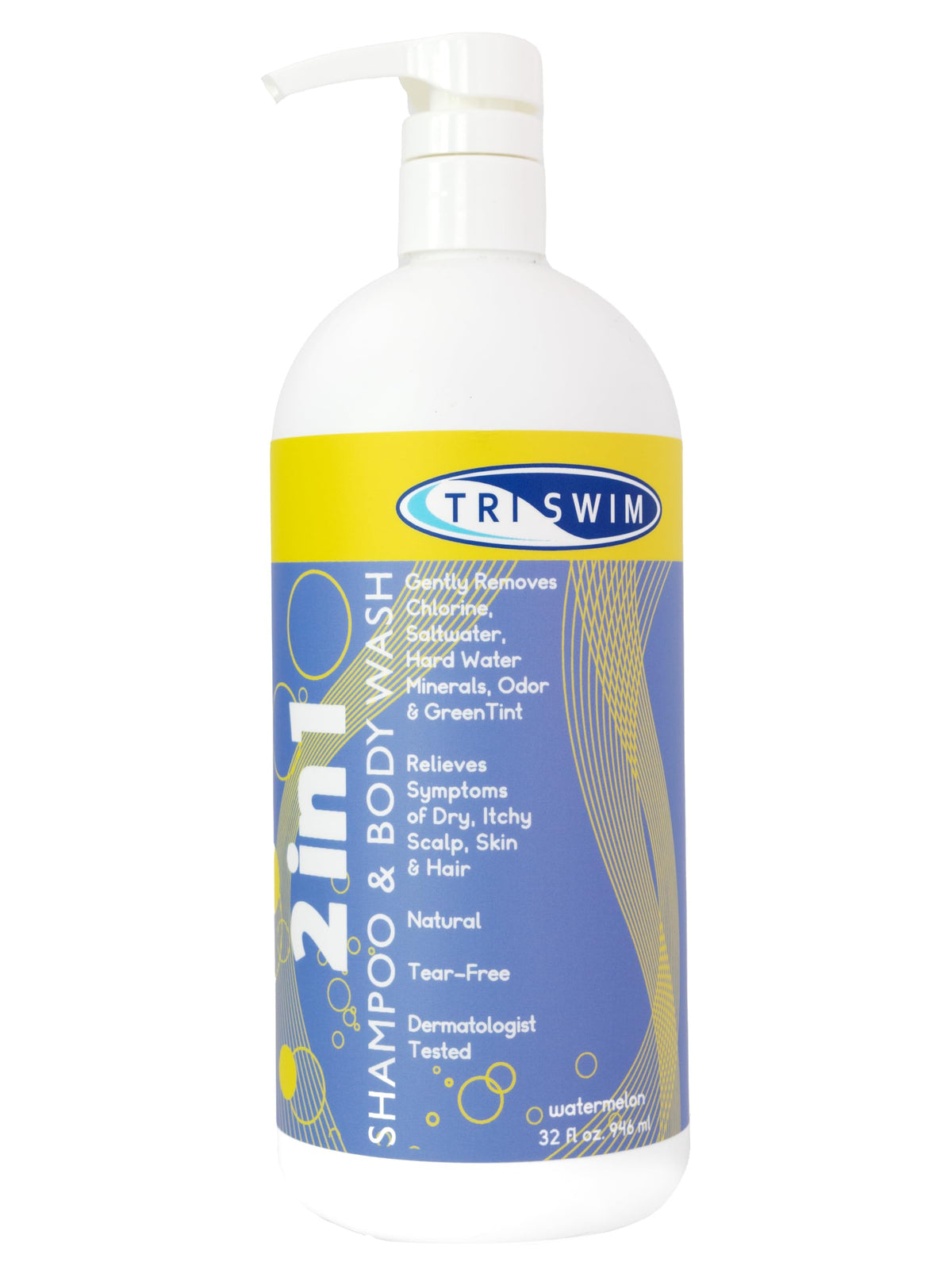 TRISWIM 2-in-1 shampoo bottle cleanses hair after chlorine exposure.