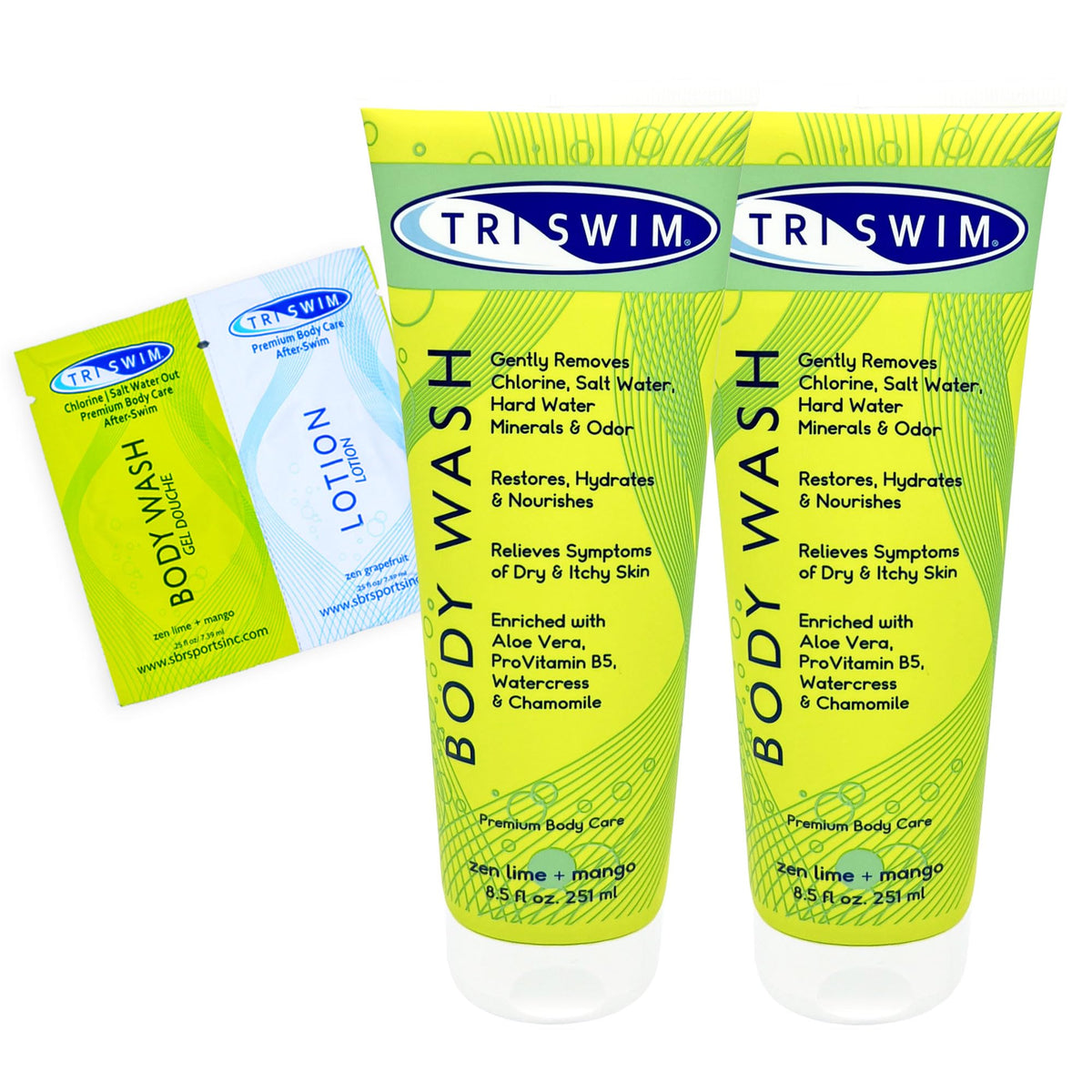 TRISWIM After Swim chlorine body wash bottle on a bright counter, hydrating skin after chlorine exposure