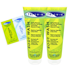 TRISWIM After Swim chlorine body wash bottle on a bright counter, hydrating skin after chlorine exposure