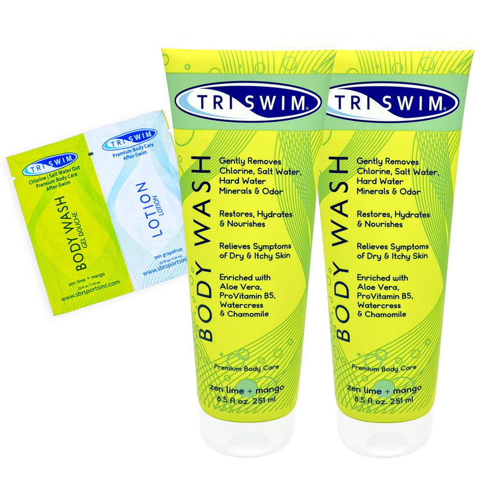 TRISWIM After Swim chlorine body wash bottle on a bright counter, hydrating skin after chlorine exposure