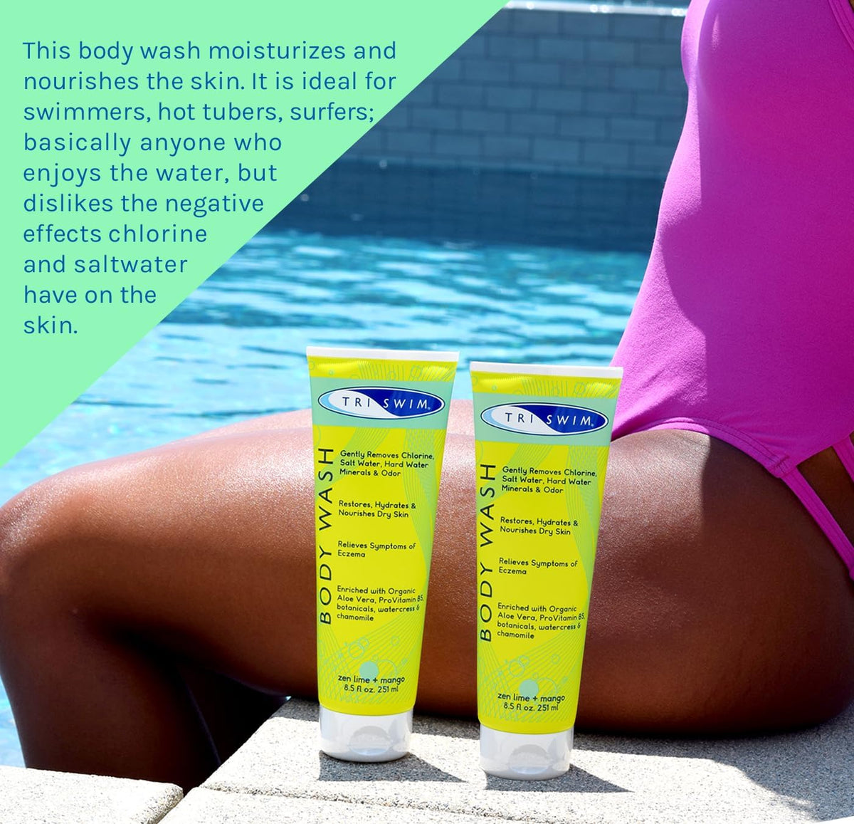 Closeup of TRISWIM bottle label highlighting aloe vera and chamomile benefits