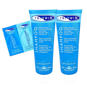 TRISWIM chlorine removal shampoo bottle with lime mango scent for gentle cleansing.