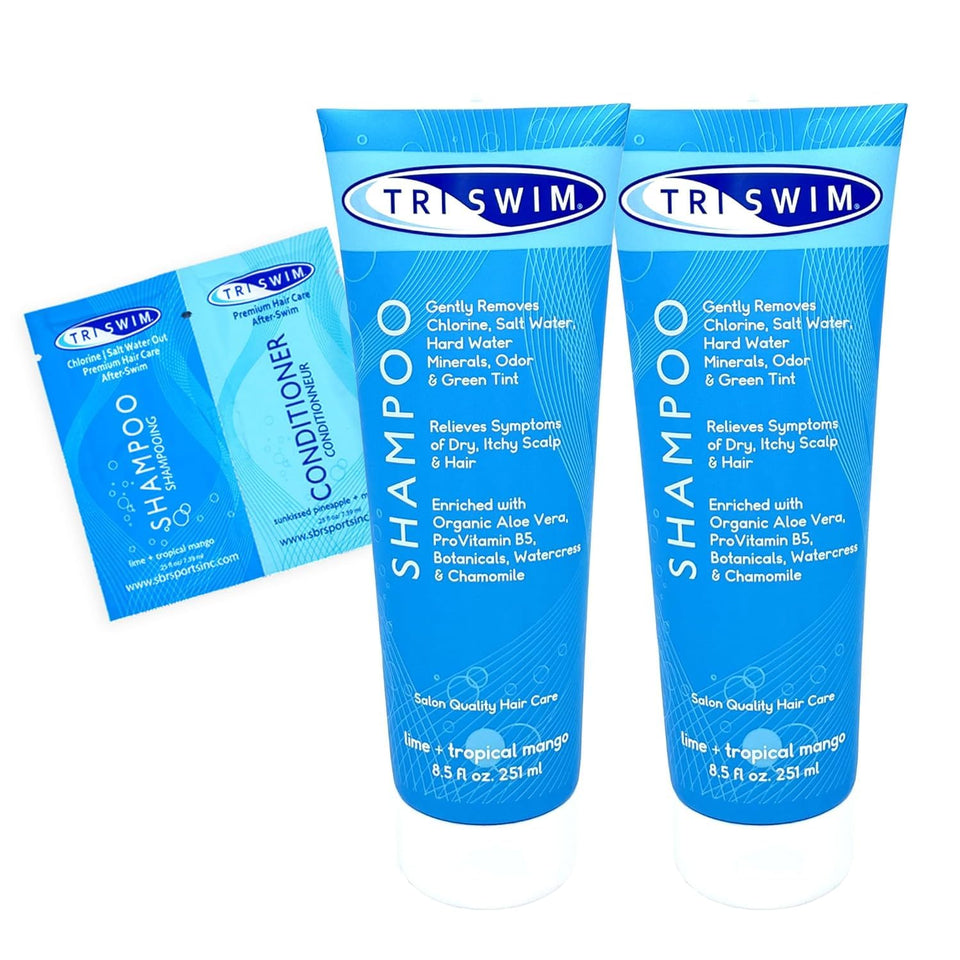 TRISWIM chlorine removal shampoo bottle with lime mango scent for gentle cleansing.