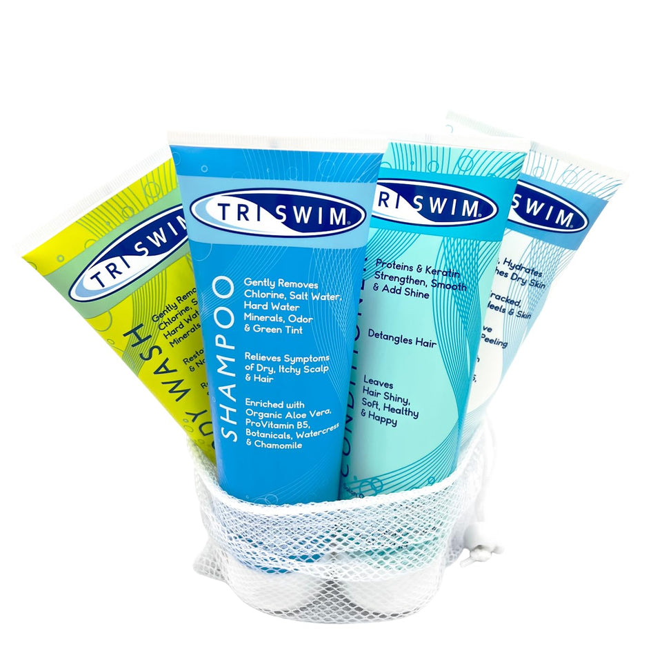 TRISWIM chlorine removal shampoo bottle demonstrating post-swim cleansing for hair