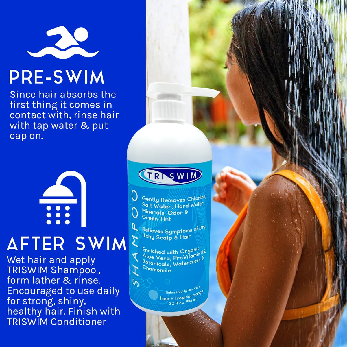 TRISWIM chlorine removal shampoo foam-lather cleanses chlorine and minerals