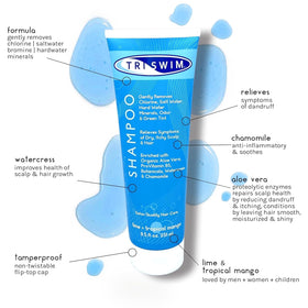 Hands applying TRISWIM shampoo to remove pool residues from hair.