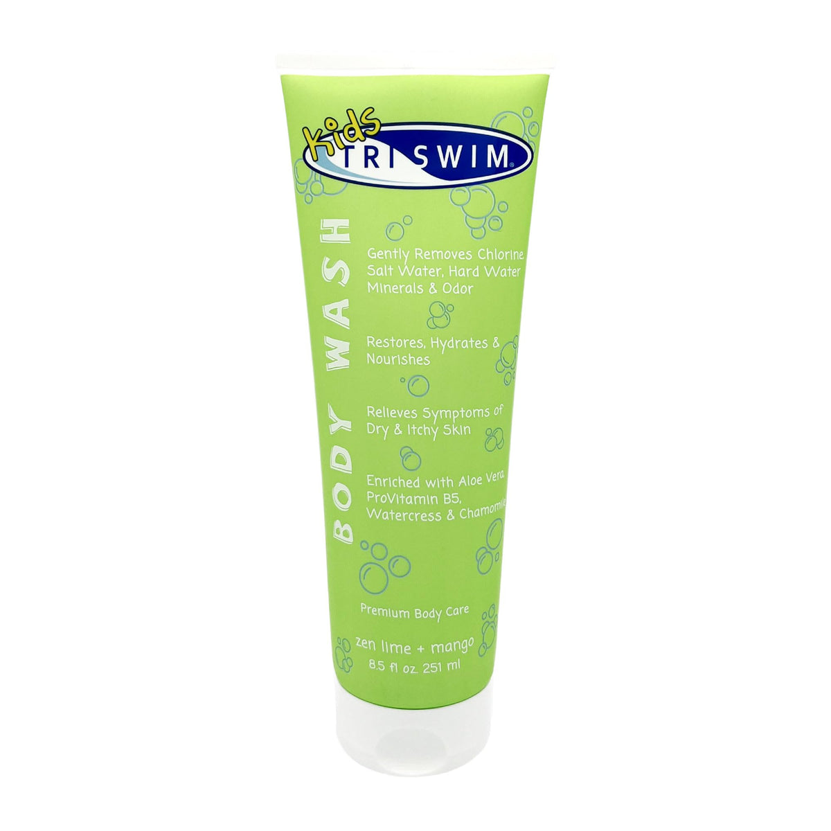 TRISWIM Kids body wash bottle showing chlorine removal after swimming.