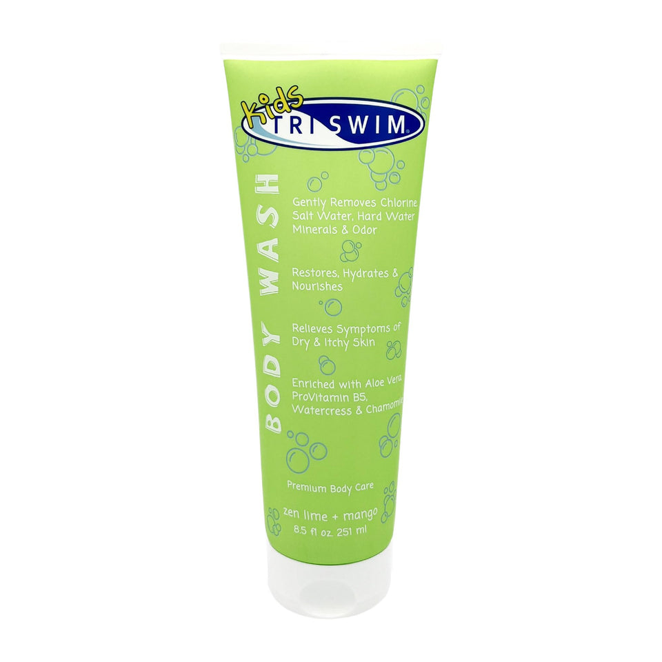 TRISWIM Kids body wash bottle showing chlorine removal after swimming.