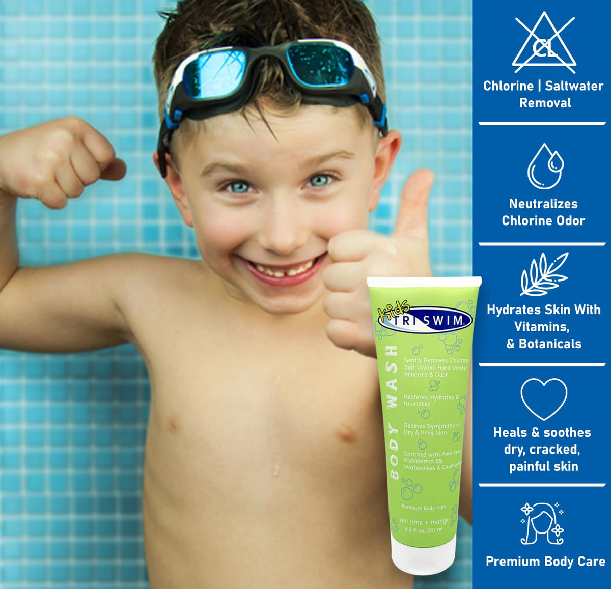 TRISWIM Kids body wash lather demonstrating gentle cleansing for sensitive skin.