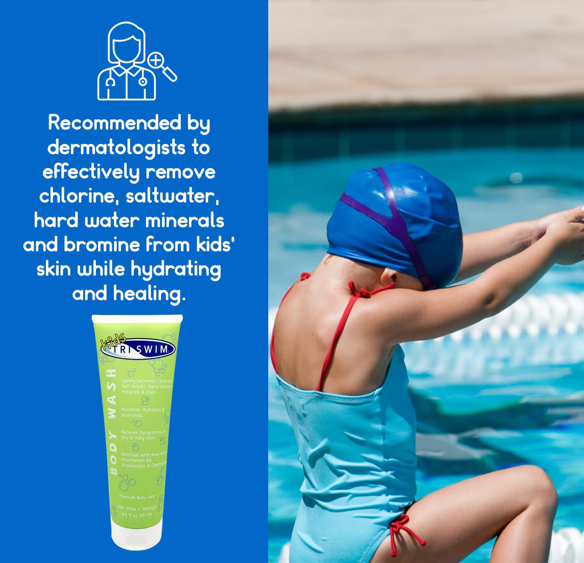 TRISWIM Kids body wash with soothing chamomile and watercress ingredients.