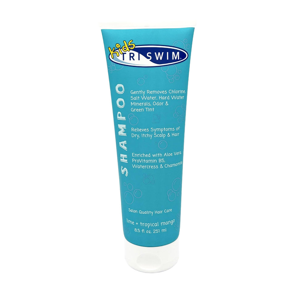 TRISWIM Kids Chlorine Removal Shampoo bottle pour for after-swim care reduces chemical residue.
