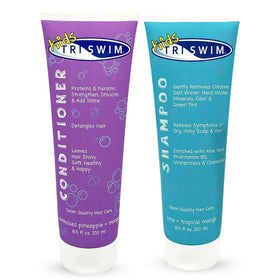 TRISWIM Kids Shampoo bottle front highlights chlorine removal for post-swim care.