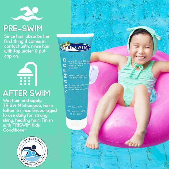 TRISWIM Kids Shampoo lather refreshing cleanse after chlorine exposure.